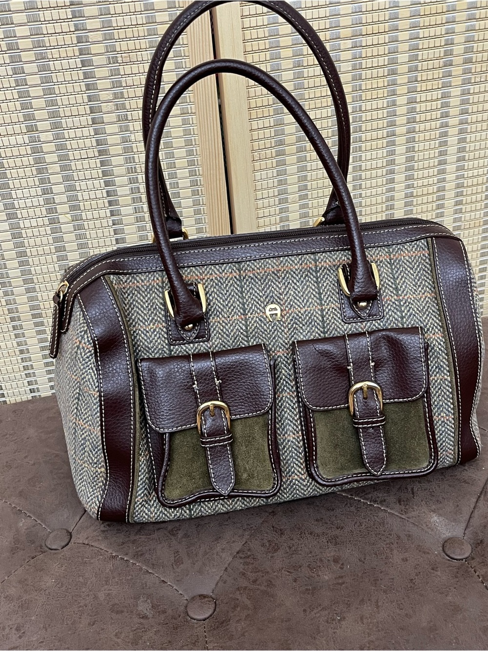 Etienne Aigner Brown Leather & Olive Tweed Satchel